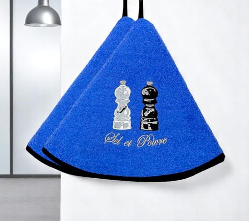 Torchons Essuie Mains Cuisine Bleu - Motifs Brodés - Lot de 2 - 100% Coton - Ø 65 cm - Machine Lavable