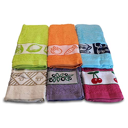 Briebe Home Lot de 12 Chiffons de Cuisine Multicolore avec Dessin brodé, Doux et Absorbants, 100% Coton, Fabricés au Por